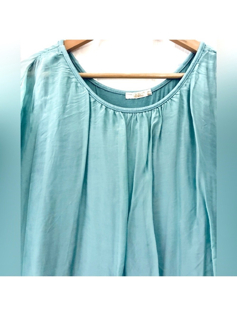GIUSY Italy Teal/Aqua Blue Silk Blend Airy Bubble Hem Top Women’s Large - Picture 4 of 7